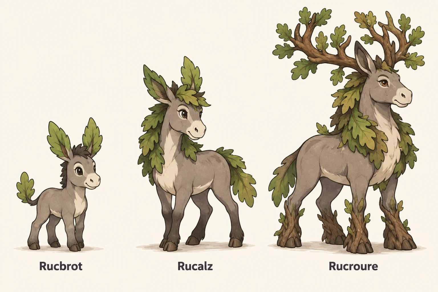 Rubrot, Rucalz, Rucoure — línia evolutiva, d'esquerra a dreta