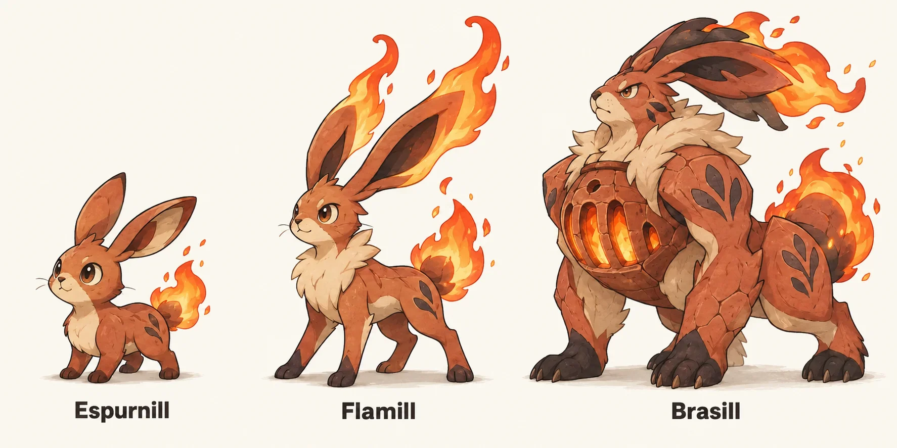 Espurnill, Flamill, Brasill — línia evolutiva, d'esquerra a dreta