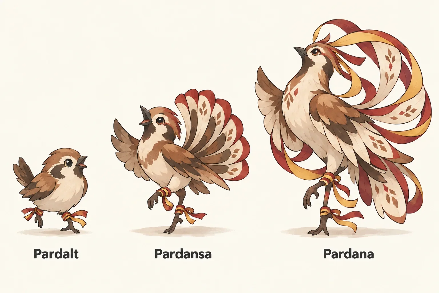Pardalt, Pardansa, Pardana — línia evolutiva, d'esquerra a dreta