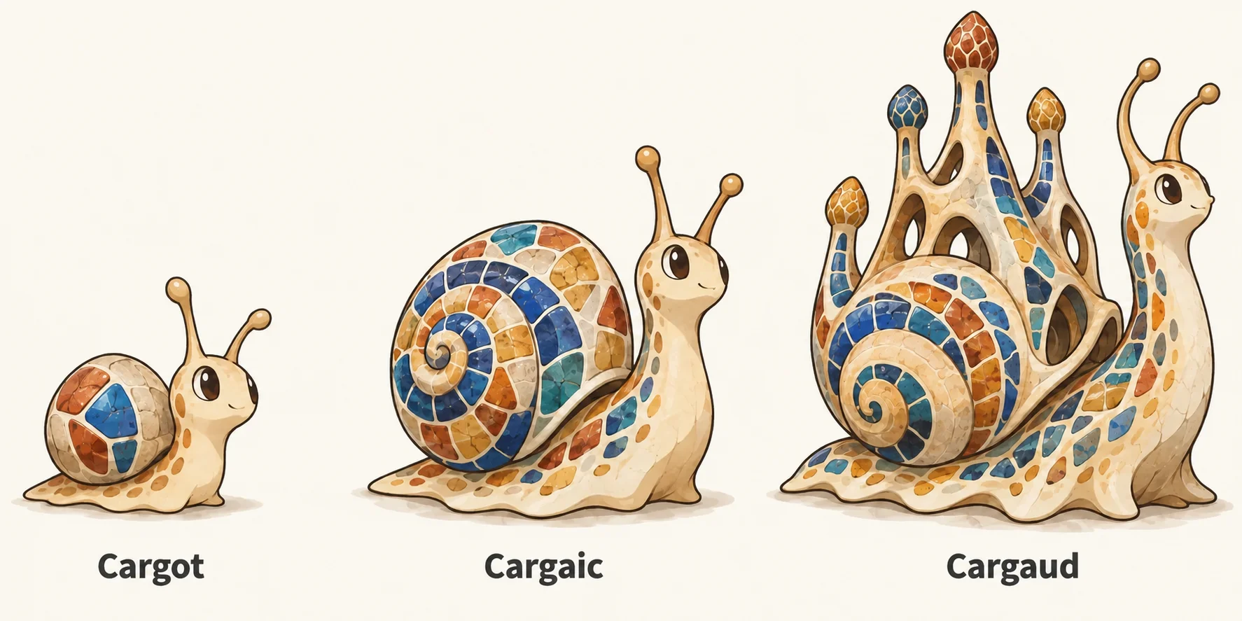 Cargot, Cargaic, Cargaud — línia evolutiva, d'esquerra a dreta