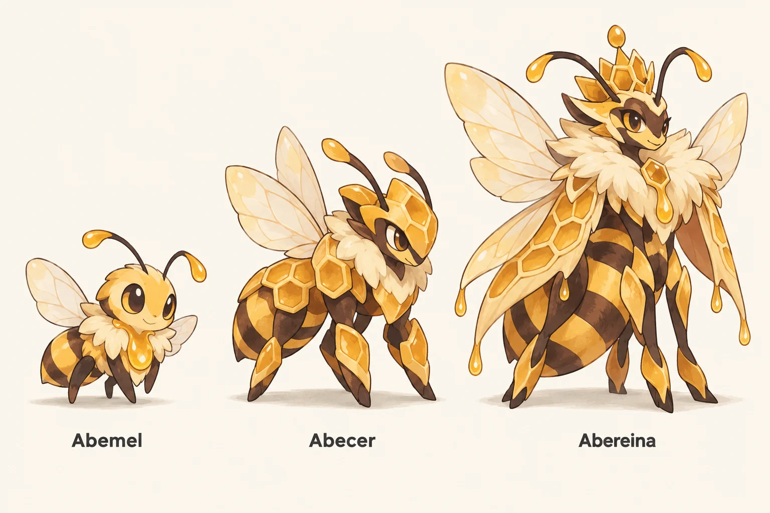 Abemel, Abecera, Aberreina — línia evolutiva, d'esquerra a dreta