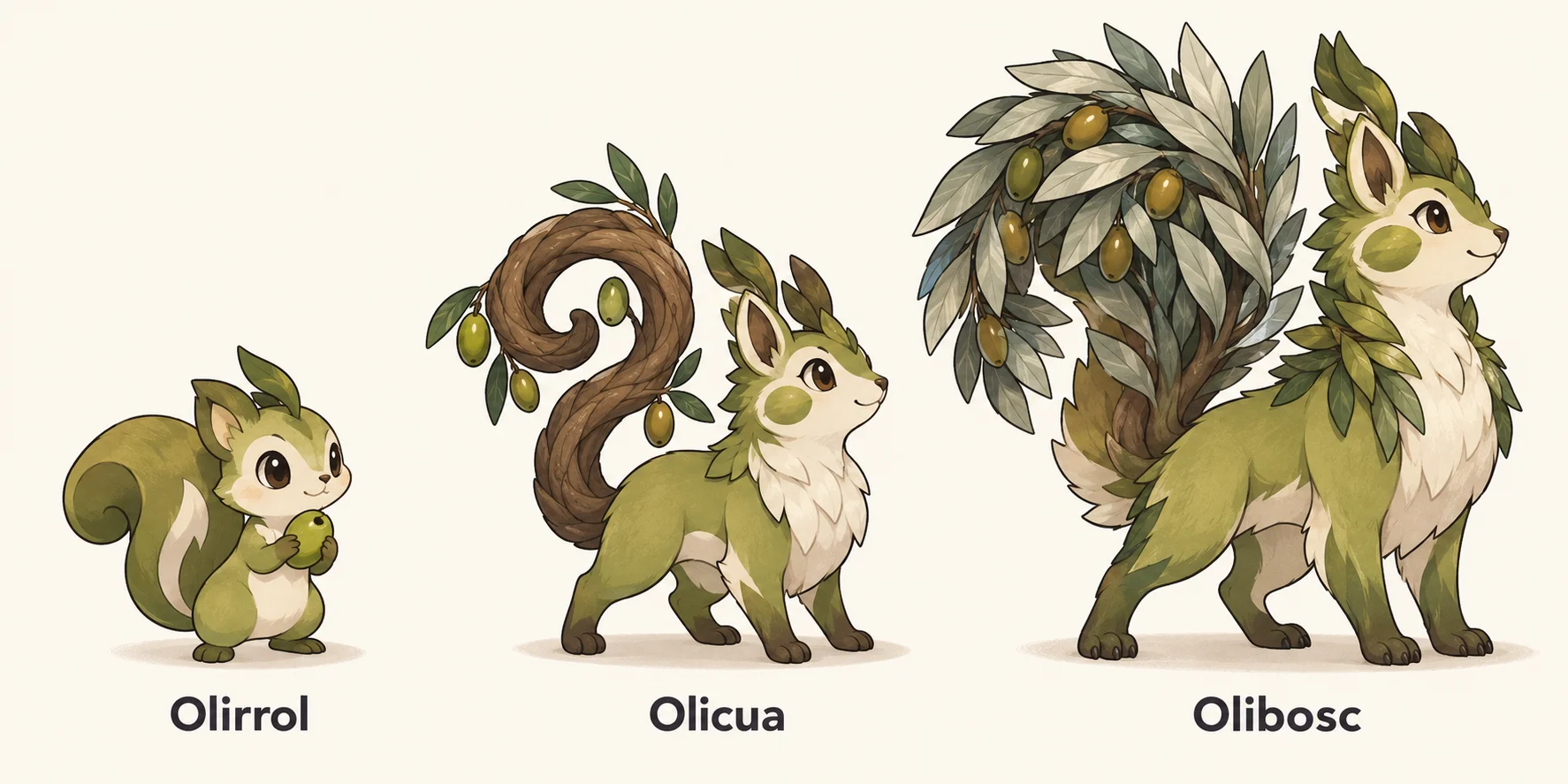 Olirol, Olicua, Olibosc — línia evolutiva, d'esquerra a dreta