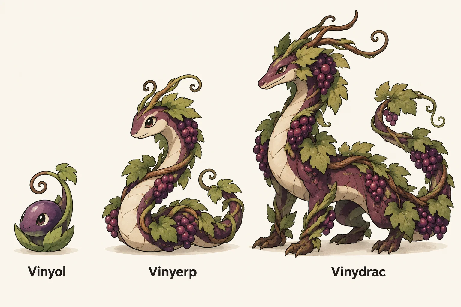 Vinyol, Viserp, Vidrac — línia evolutiva, d'esquerra a dreta