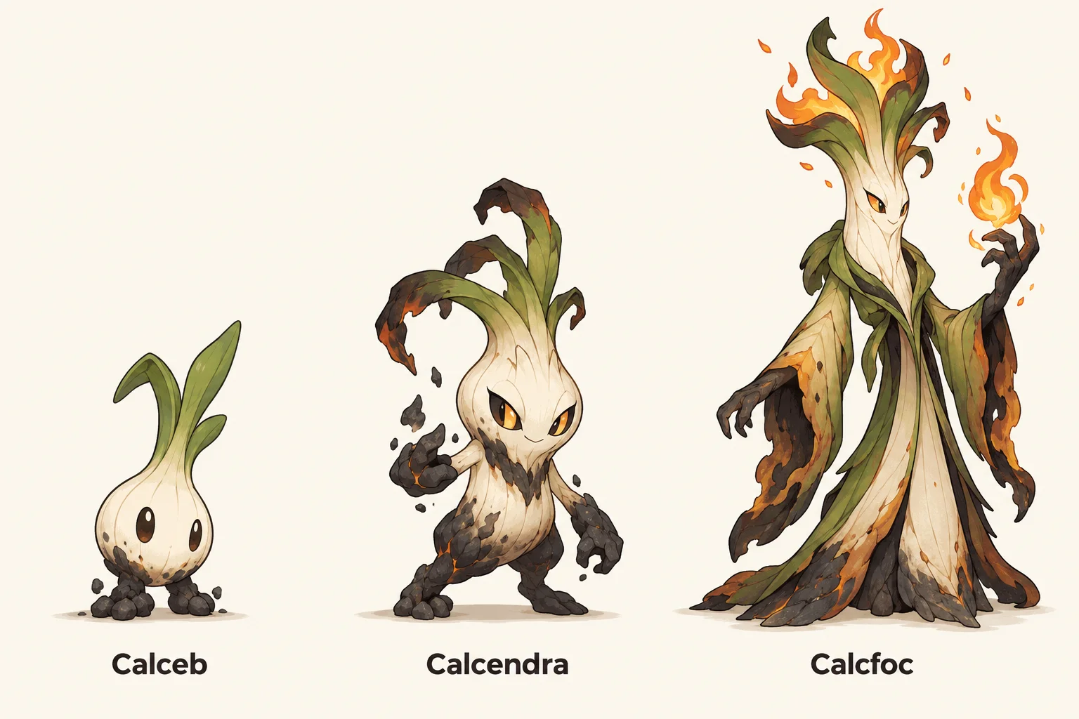 Calceb, Calcendra, Calcfoc — línia evolutiva, d'esquerra a dreta