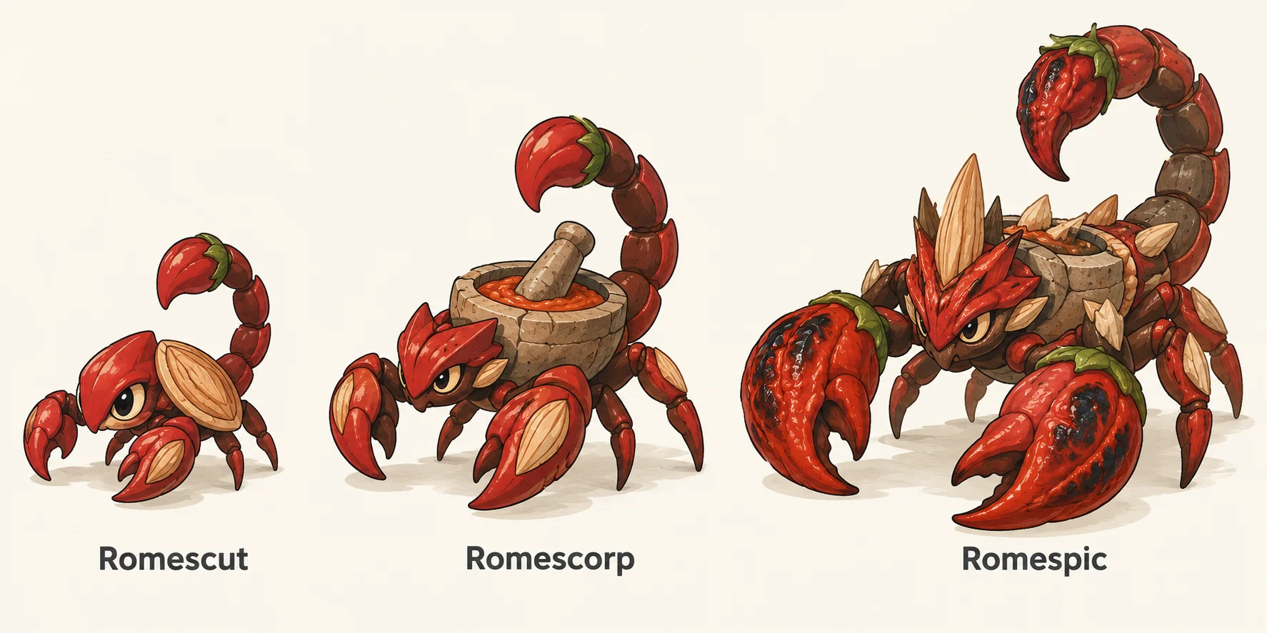 Romescut, Romescorp, Romespic — línia evolutiva, d'esquerra a dreta