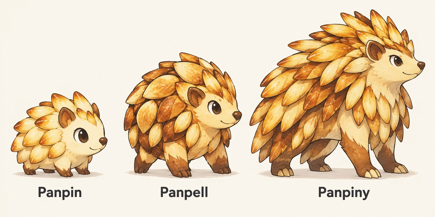 Panpin, Panpell, Panpiny — línia evolutiva, d'esquerra a dreta