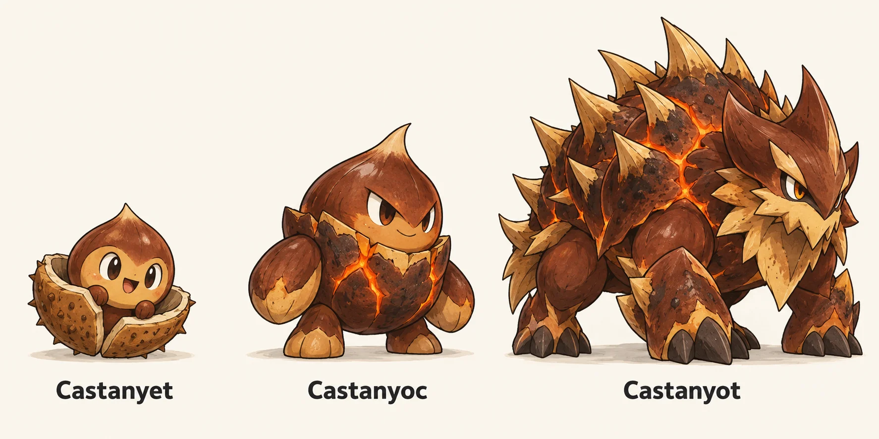 Castanyet, Castanyoc, Castanyot — línia evolutiva, d'esquerra a dreta