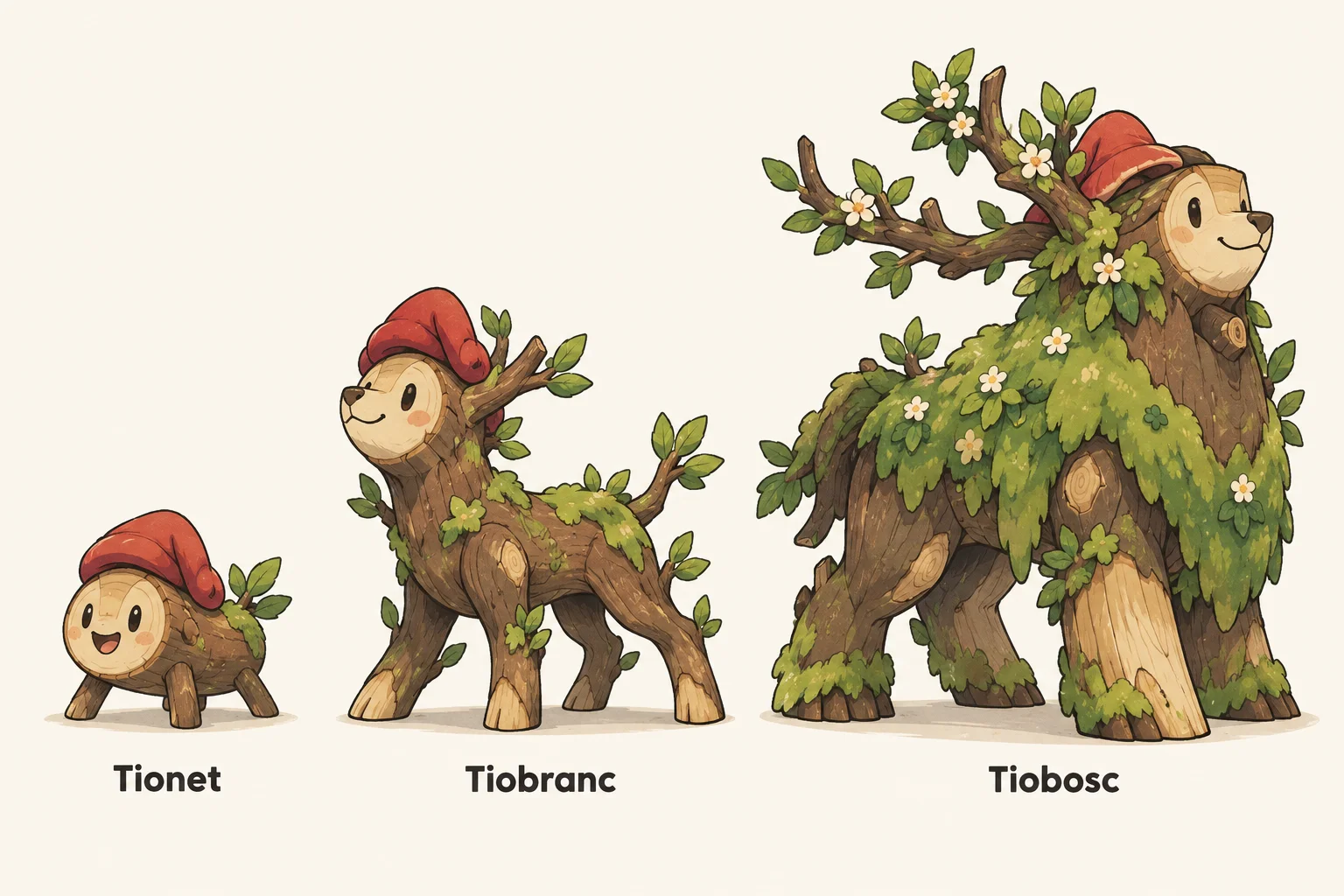 Tionet, Tiobranc, Tiobosc — línia evolutiva, d'esquerra a dreta