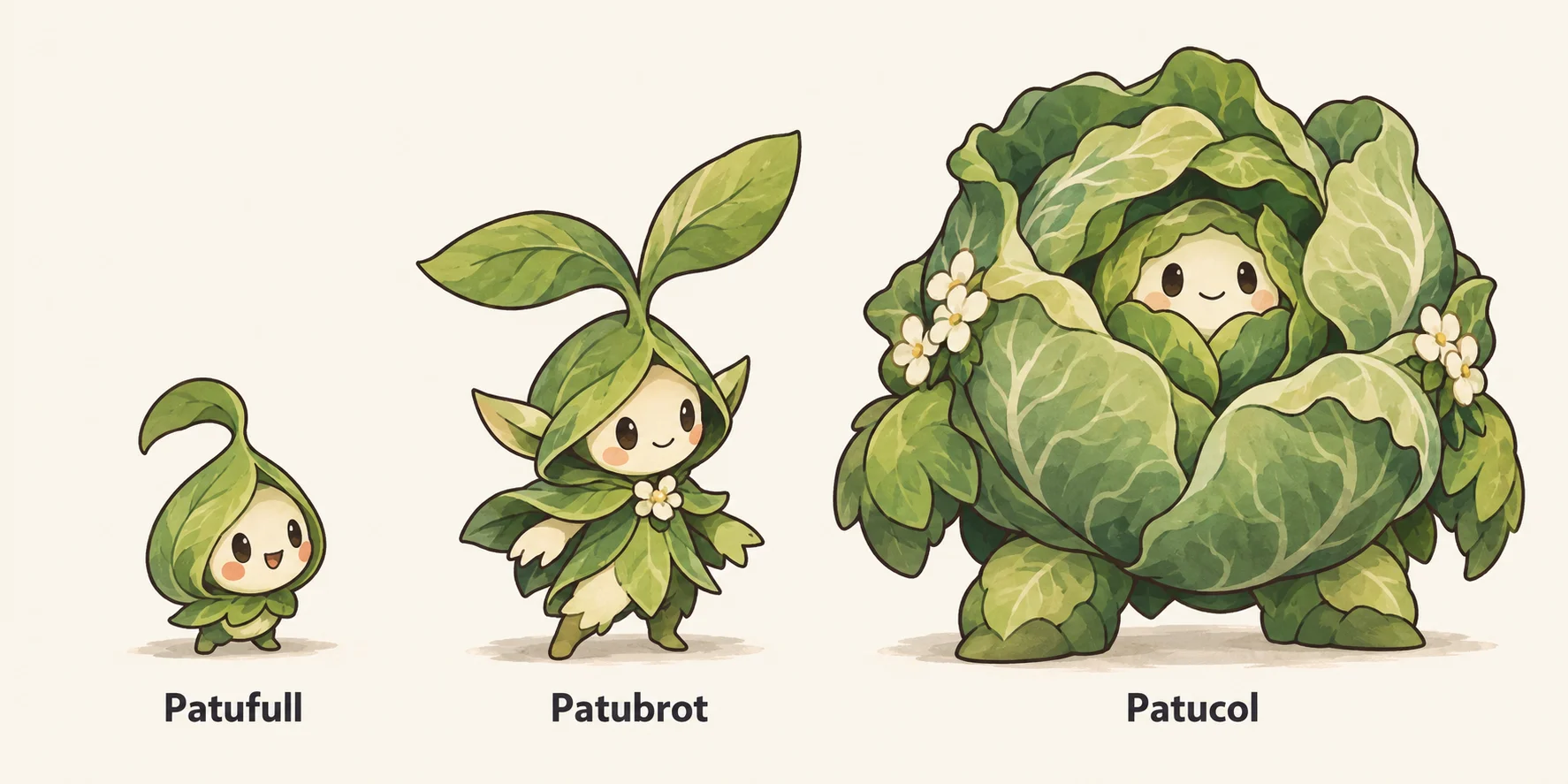 Patufull, Patubrot, Patucol — línia evolutiva, d'esquerra a dreta
