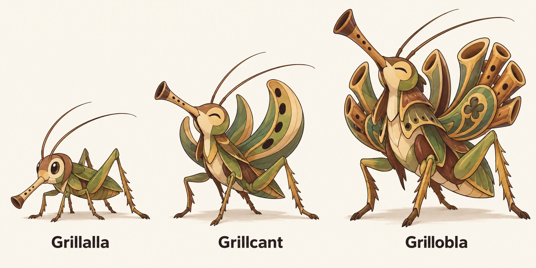 Grillalla, Grillcant, Grillcobla — línia evolutiva, d'esquerra a dreta