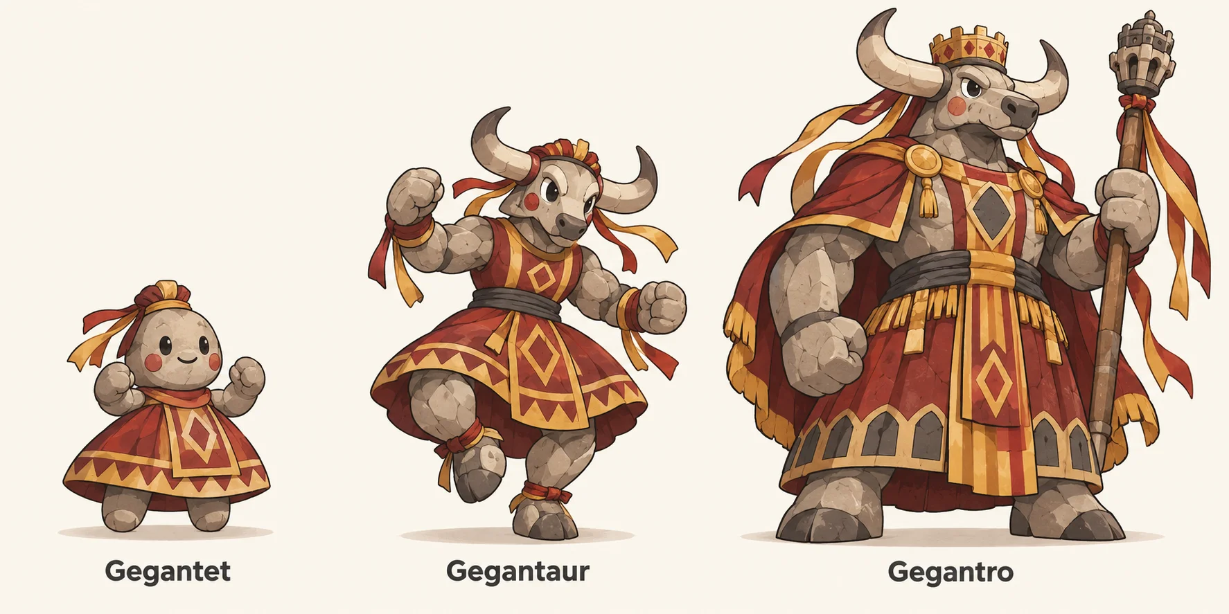 Gegantet, Gegantaur, Gegantro — línia evolutiva, d'esquerra a dreta