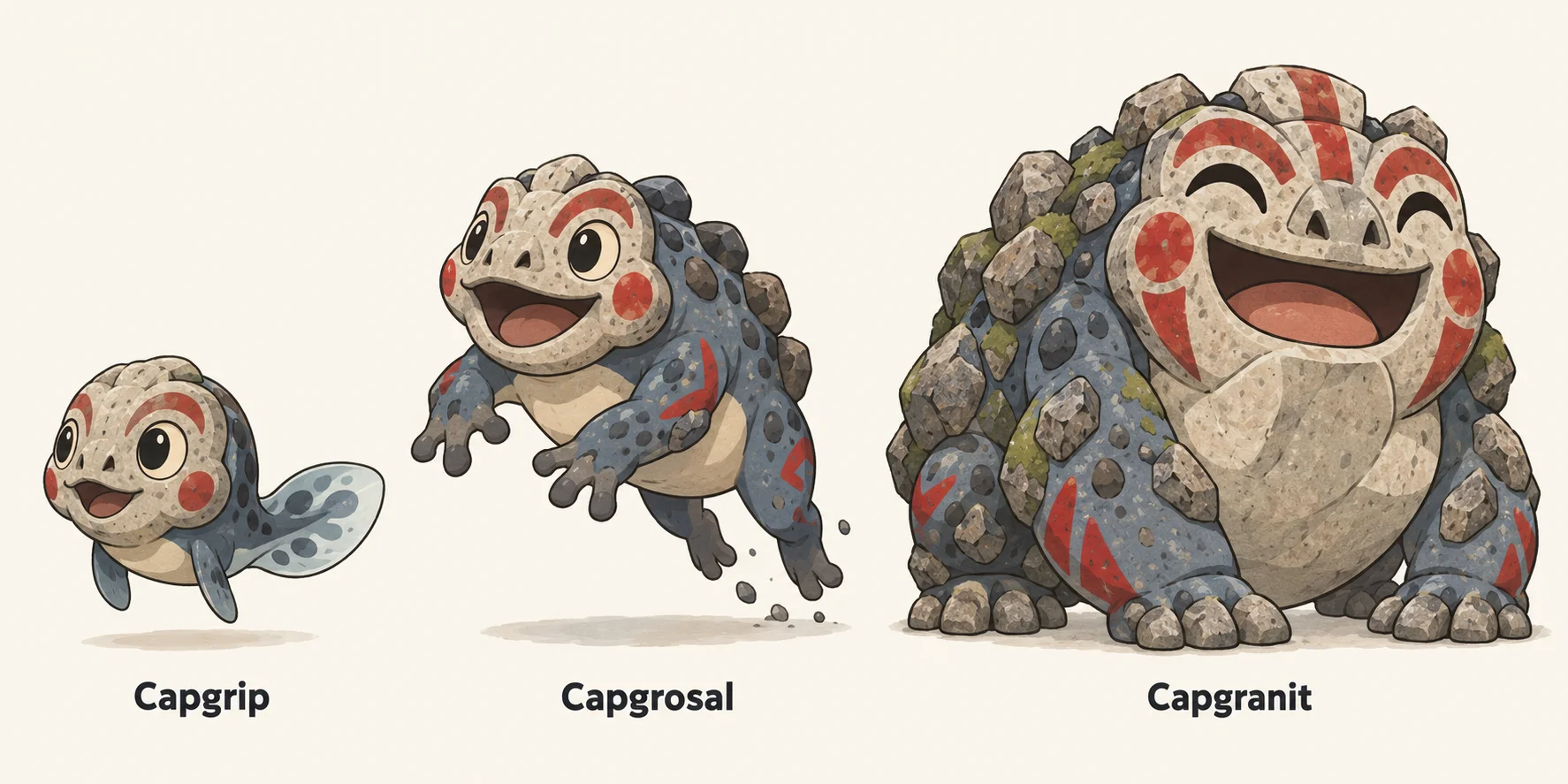 Capgrip, Capgrossalt, Capgranit — línia evolutiva, d'esquerra a dreta