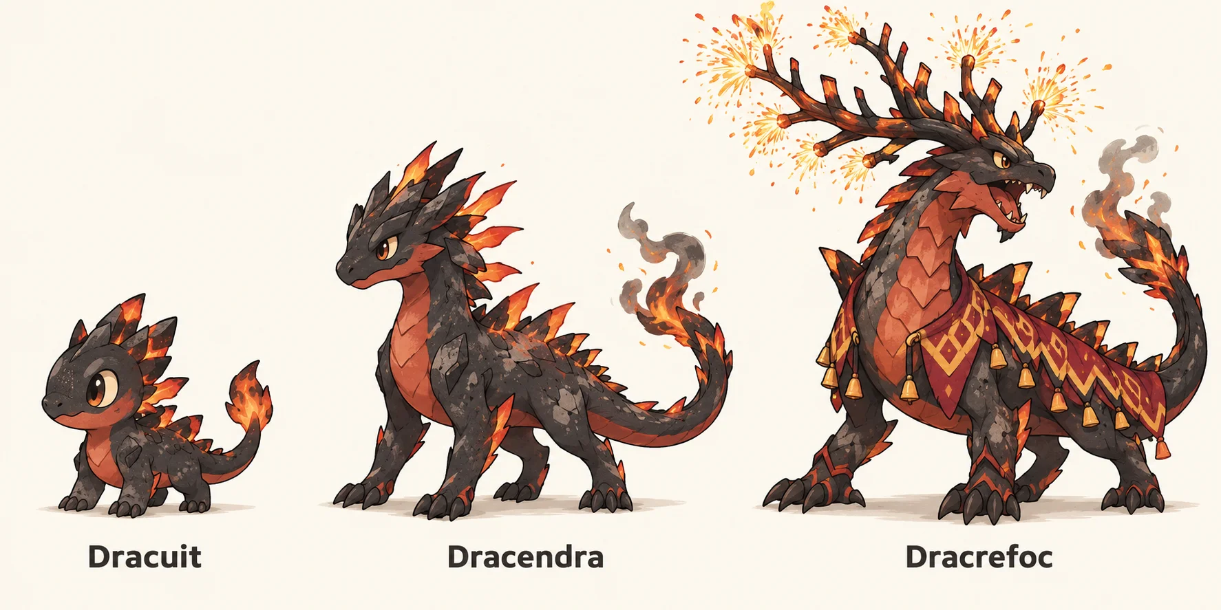 Dracuit, Dracendra, Dracrefoc — línia evolutiva, d'esquerra a dreta