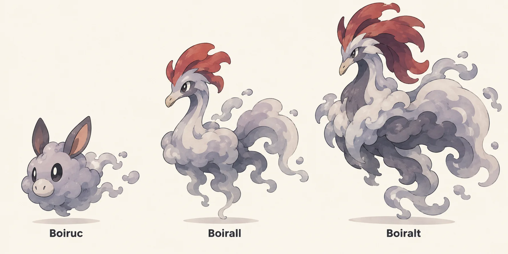 Boiruc, Boirall, Boiralt — línia evolutiva, d'esquerra a dreta