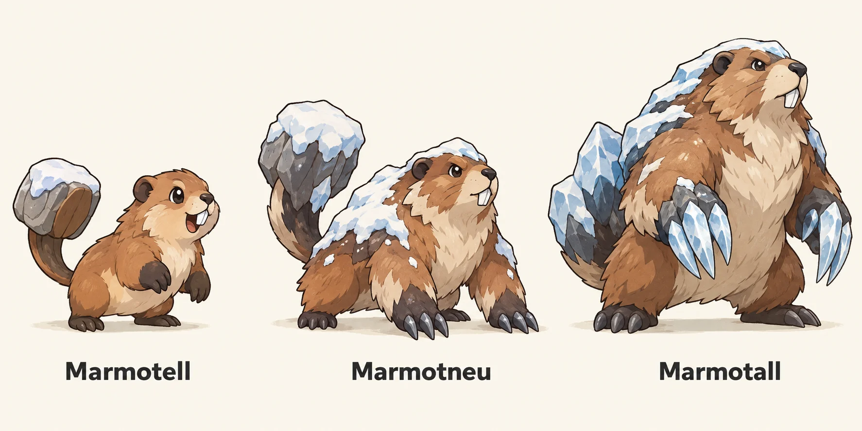 Marmotell, Marmotneu, Marmotall — línia evolutiva, d'esquerra a dreta