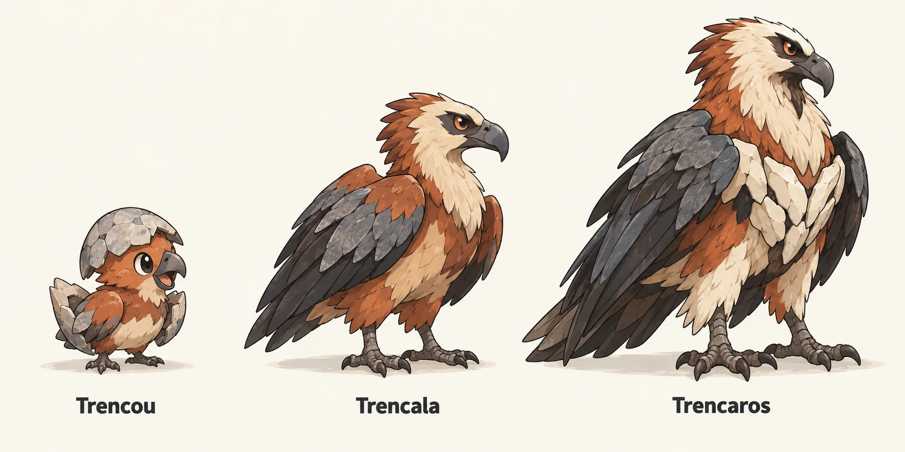 Trencou, Trencala, Trencaros — línia evolutiva, d'esquerra a dreta
