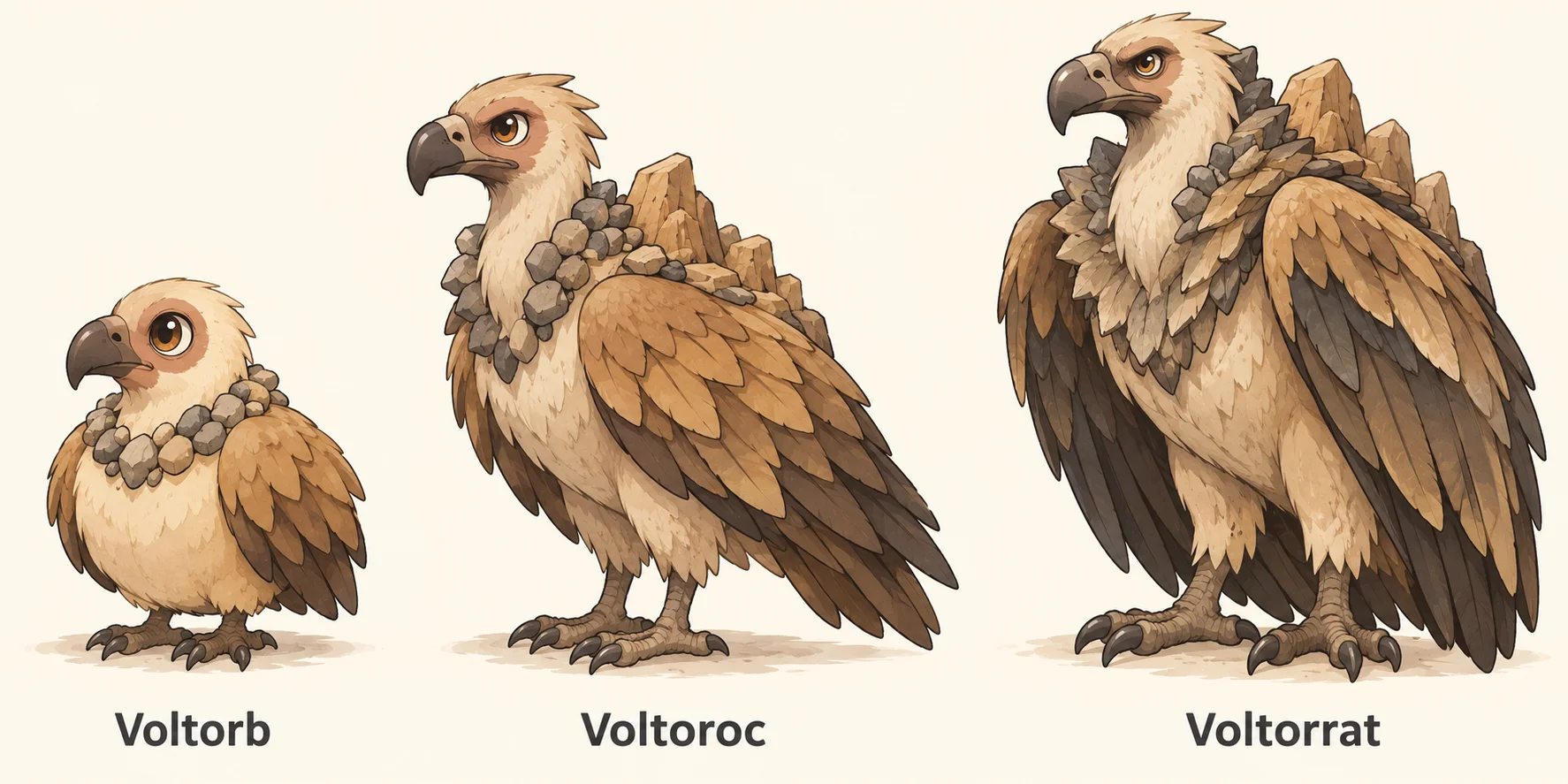Voltorb, Voltoroc, Voltorrat — línia evolutiva, d'esquerra a dreta