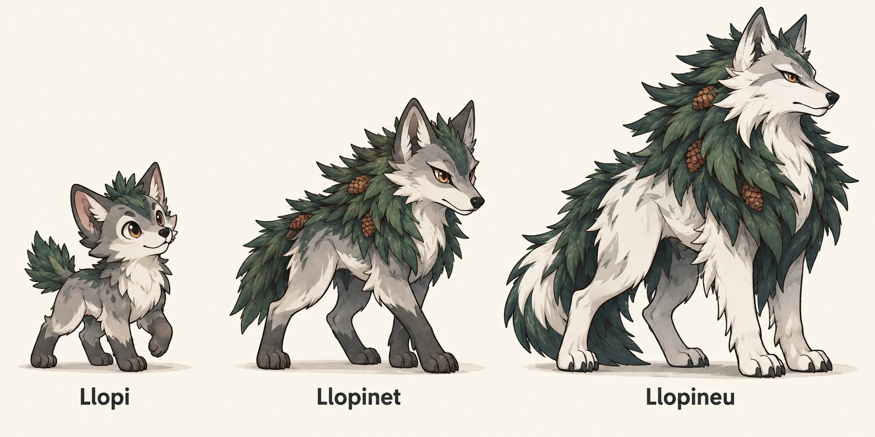 Llopi, Llopinet, Llopineu — línia evolutiva, d'esquerra a dreta
