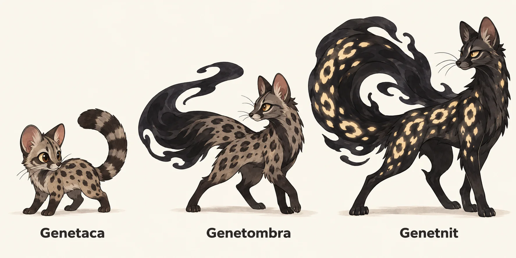 Genetaca, Genetombra, Genetnit — línia evolutiva, d'esquerra a dreta