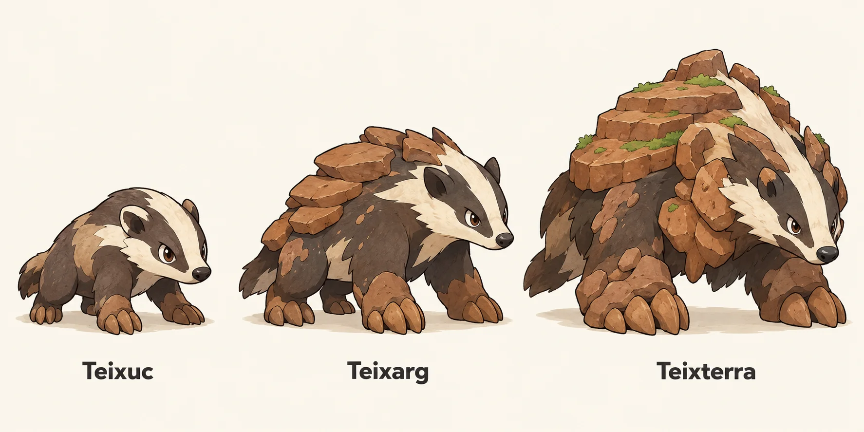 Teixuc, Teixargil, Teixerra — línia evolutiva, d'esquerra a dreta