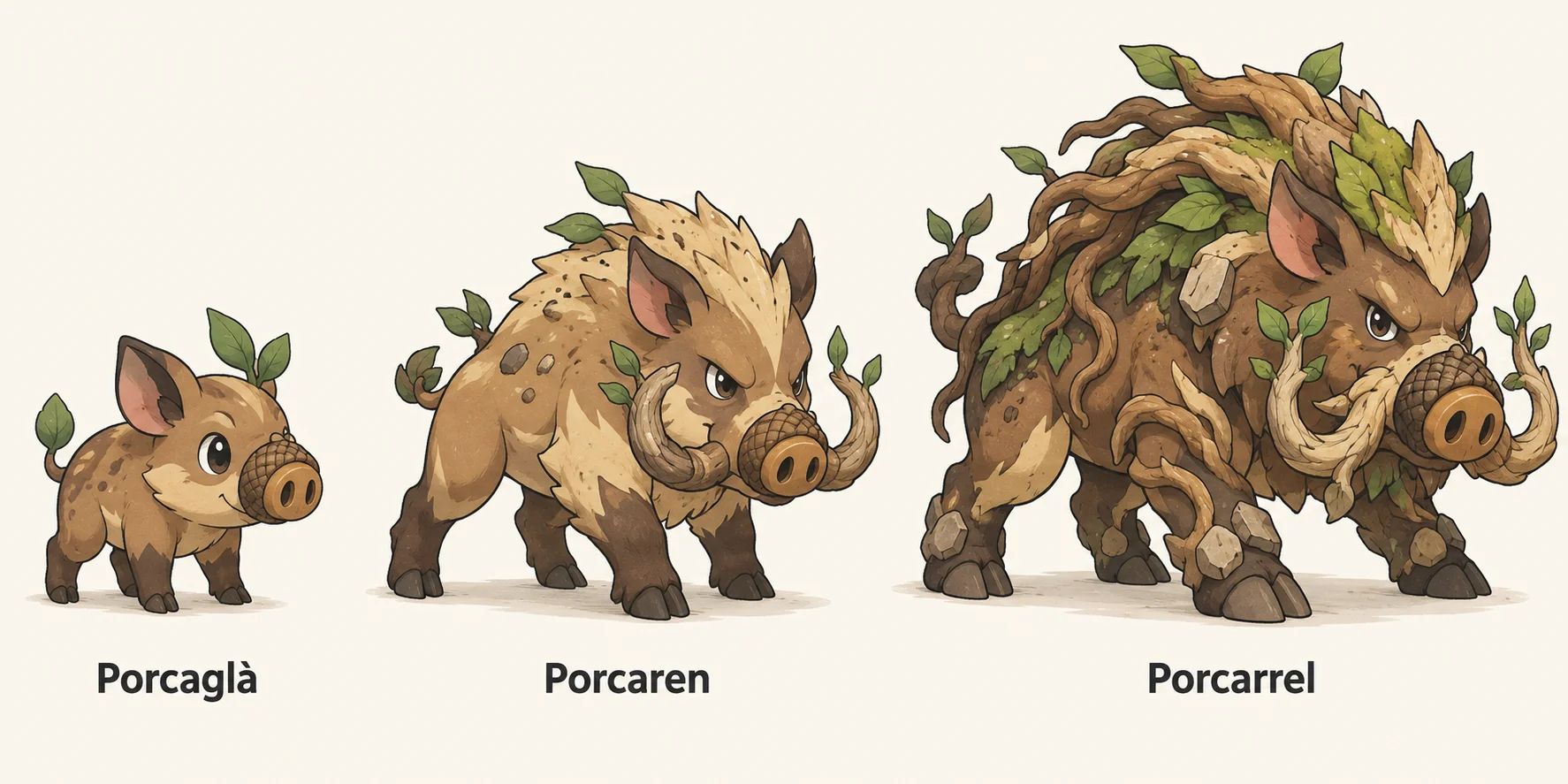 Porcaglà, Porcarèn, Porcarrel — línia evolutiva, d'esquerra a dreta