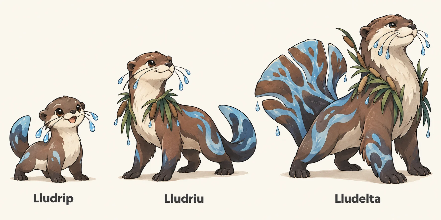 Lludrima, Lludriu, Lludelta — línia evolutiva, d'esquerra a dreta