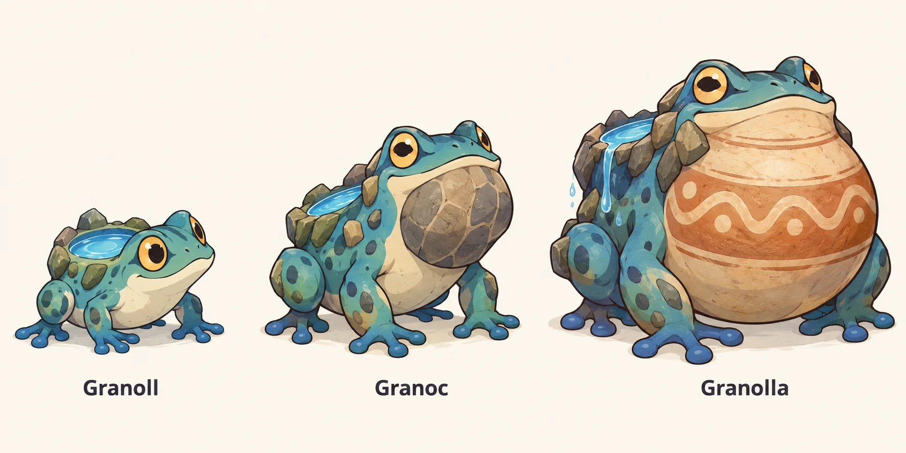 Grantoll, Granoc, Granolla — línia evolutiva, d'esquerra a dreta