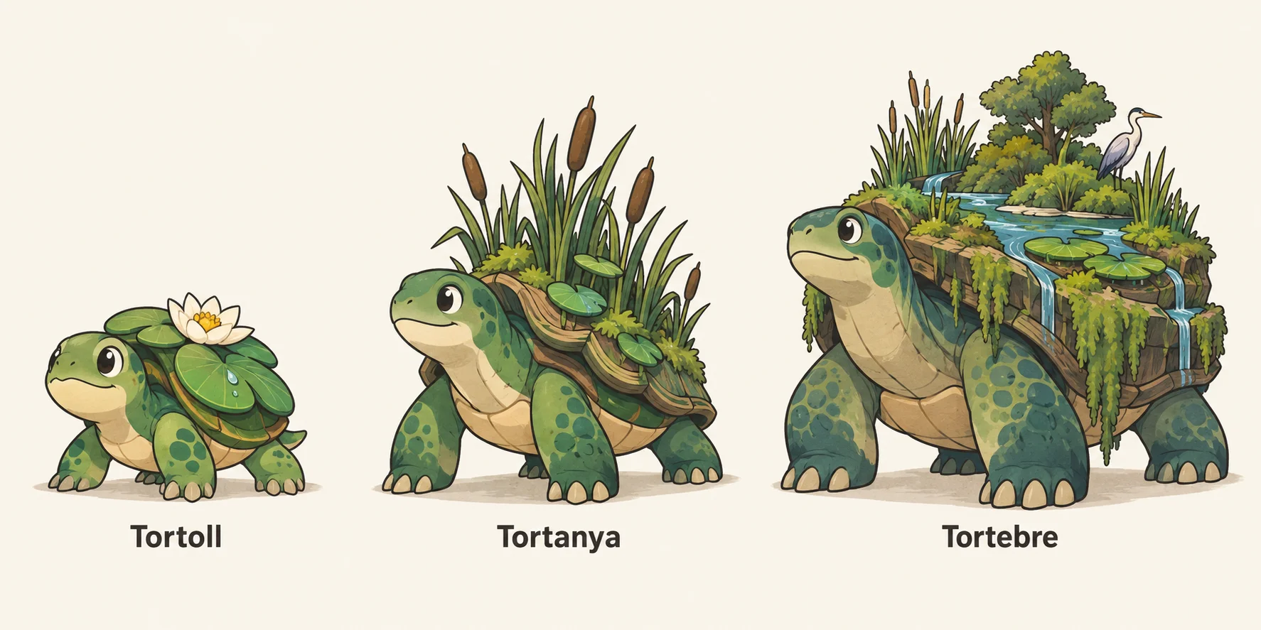 Tortoll, Tortanya, Tortebre — línia evolutiva, d'esquerra a dreta