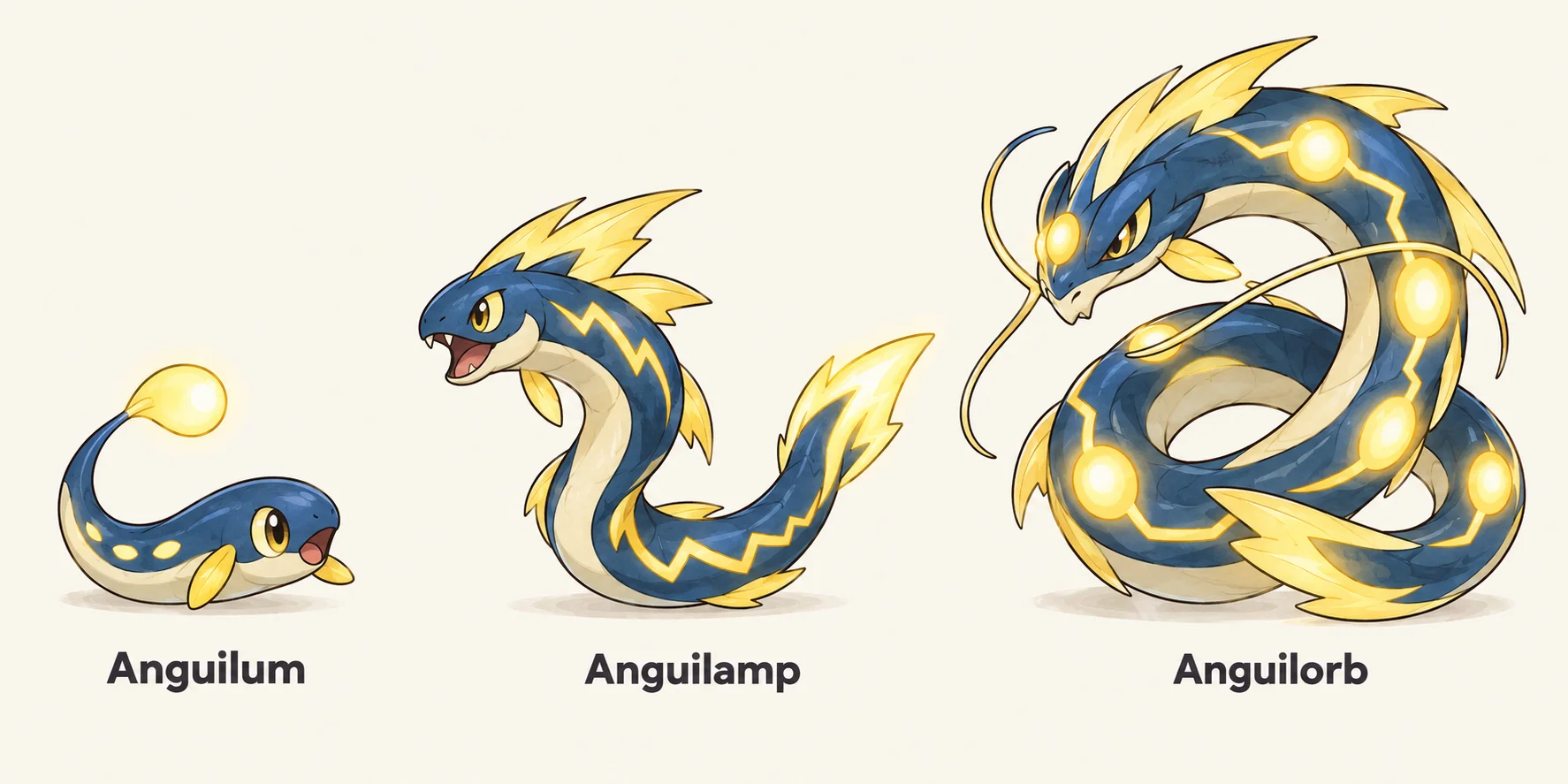 Anguilum, Anguilamp, Anguilorb — línia evolutiva, d'esquerra a dreta