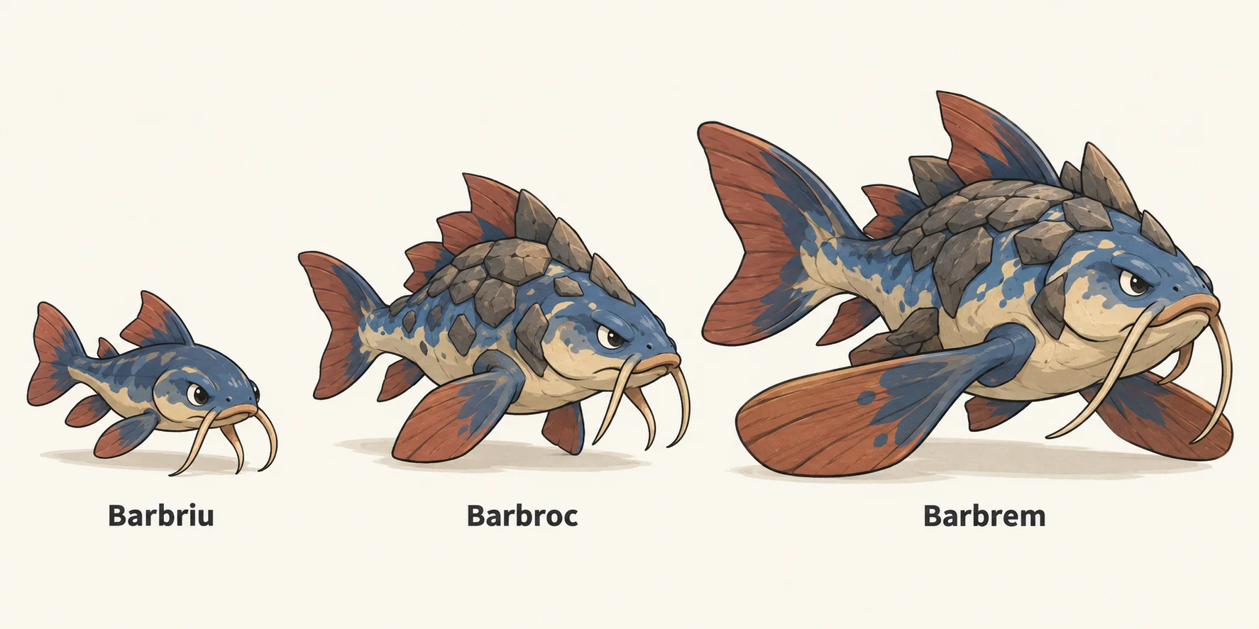 Barbriu, Barbroc, Barbrem — línia evolutiva, d'esquerra a dreta
