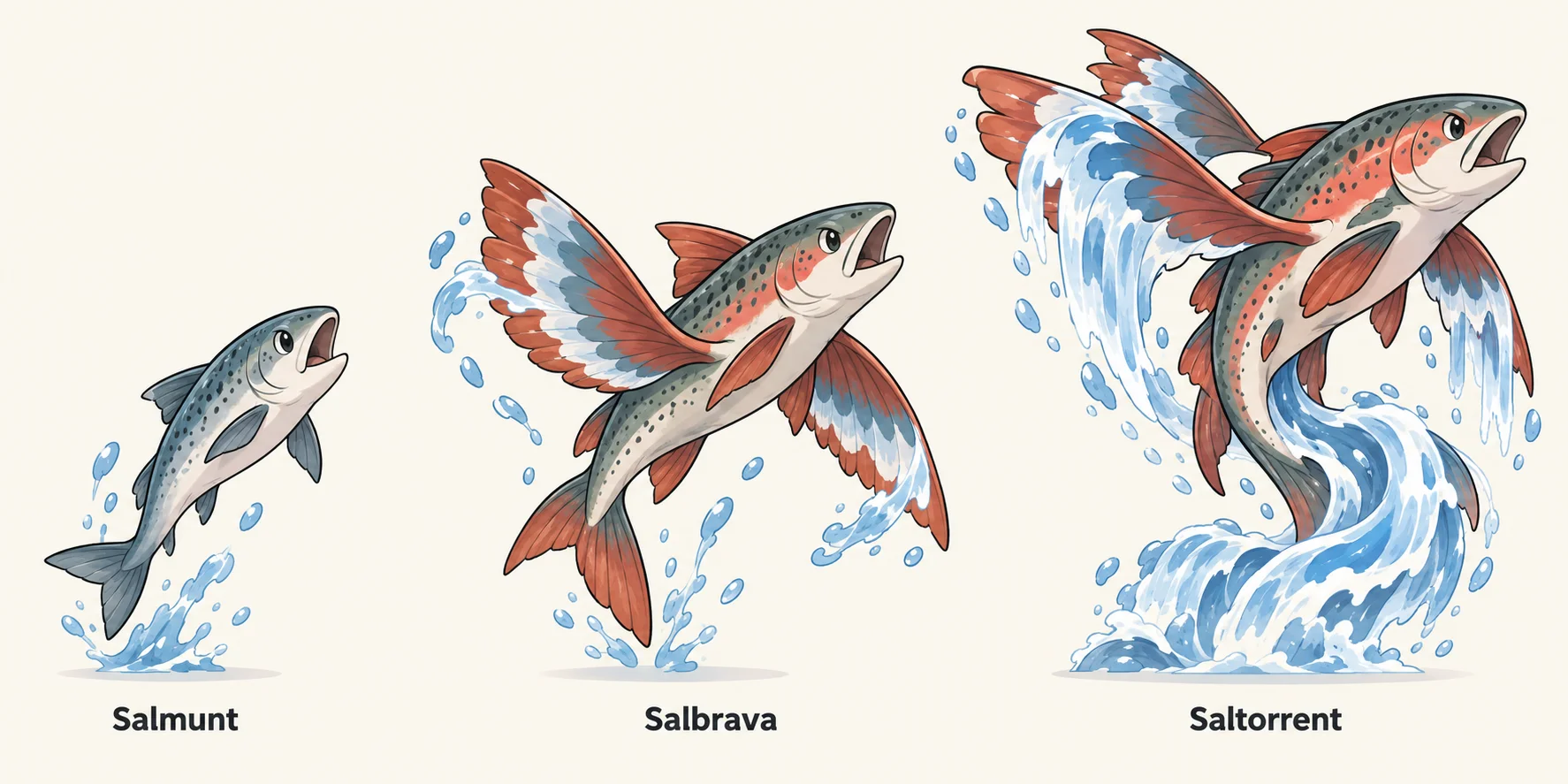 Salmunt, Salbrava, Saltorrent — línia evolutiva, d'esquerra a dreta