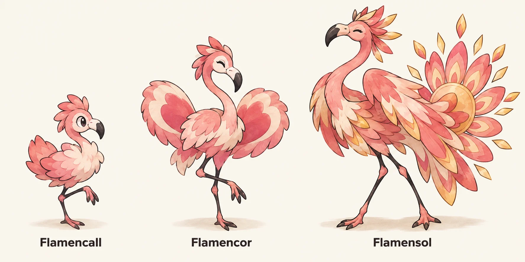 Flamencall, Flamencor, Flamensol — línia evolutiva, d'esquerra a dreta