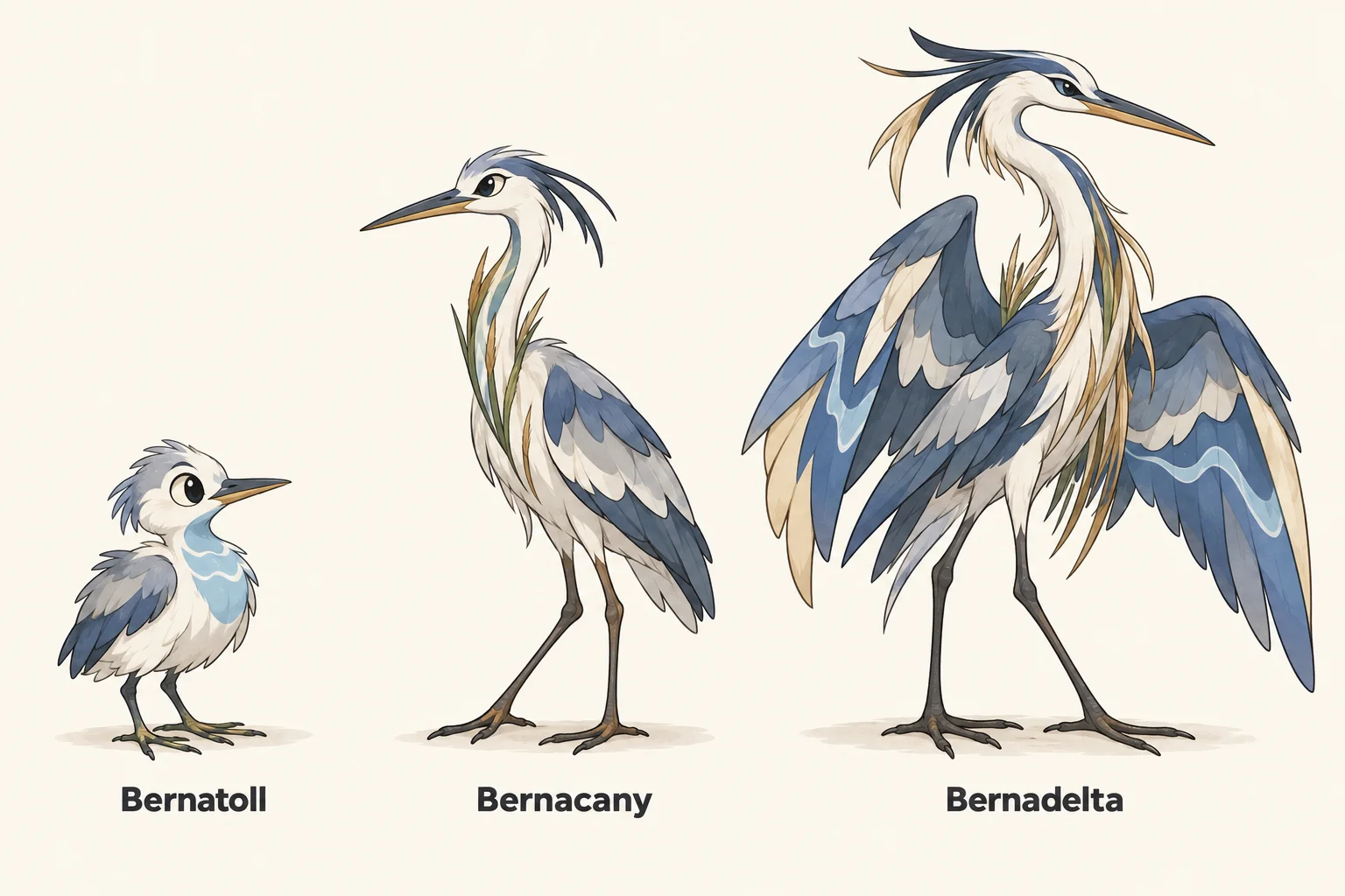 Bernatoll, Bernacany, Bernadelta — línia evolutiva, d'esquerra a dreta