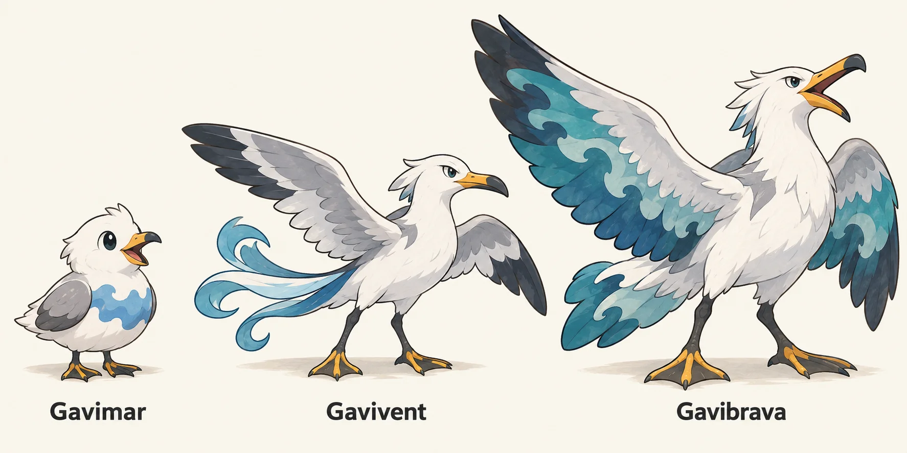 Gavimar, Gavivent, Gavibrava — línia evolutiva, d'esquerra a dreta