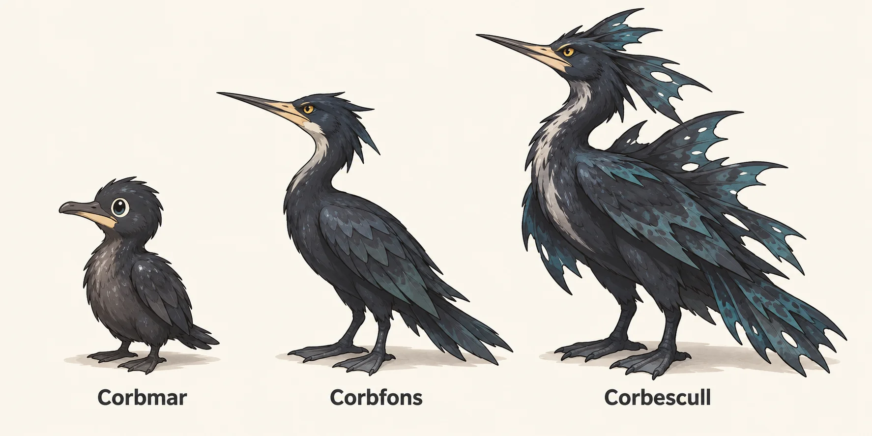 Corbmar, Corbfons, Corbescull — línia evolutiva, d'esquerra a dreta