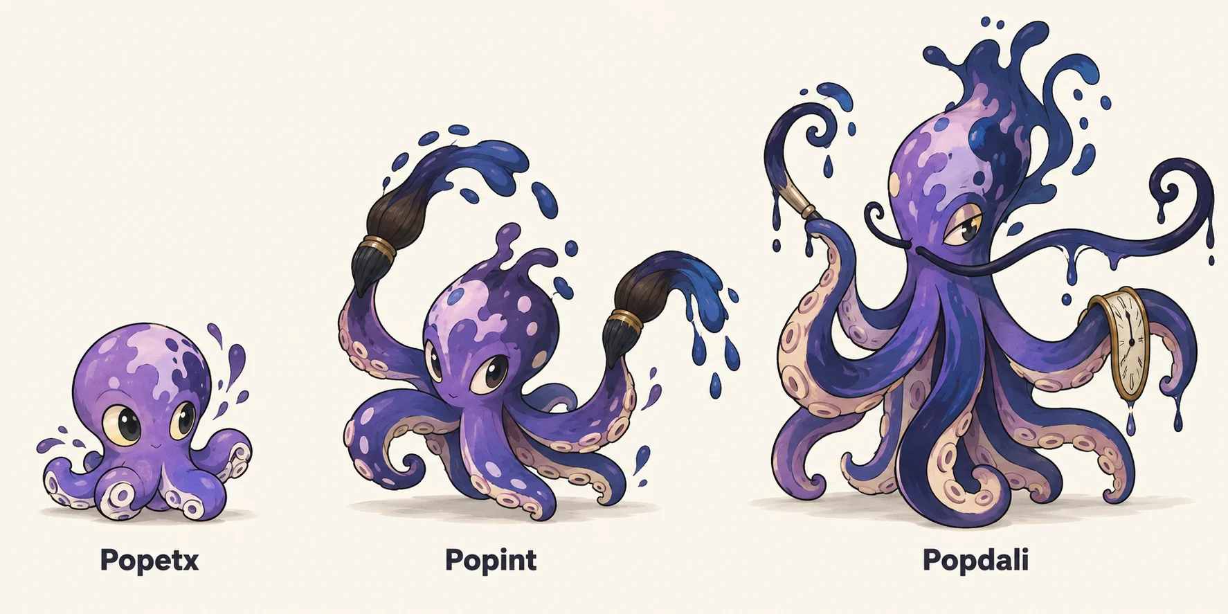 Popetx, Popinta, Popalí — línia evolutiva, d'esquerra a dreta