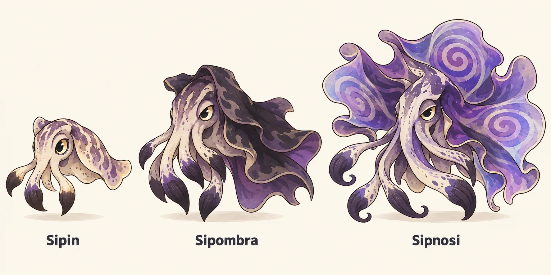 Sipinzell, Sipombra, Sipnosi — línia evolutiva, d'esquerra a dreta
