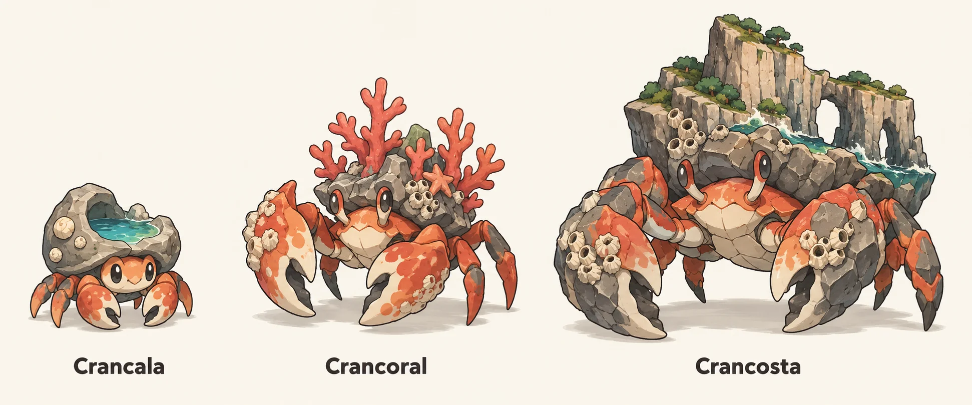 Crancala, Crancoral, Crancosta — línia evolutiva, d'esquerra a dreta