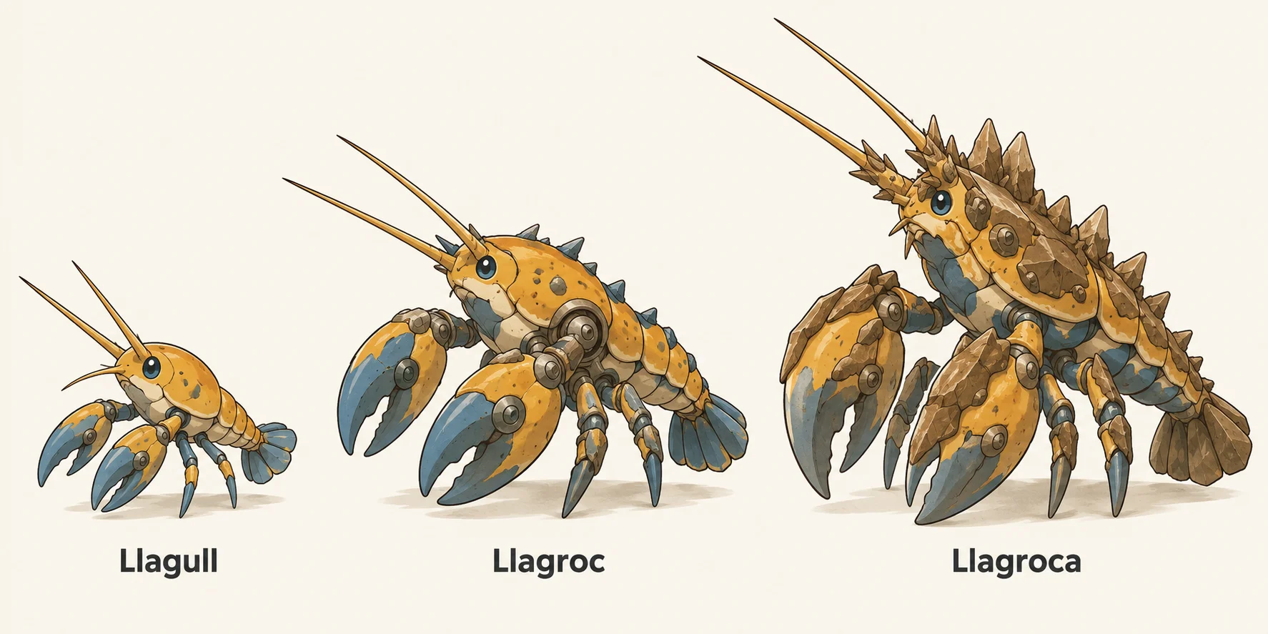 Llagulla, Llagrò, Llagroca — línia evolutiva, d'esquerra a dreta