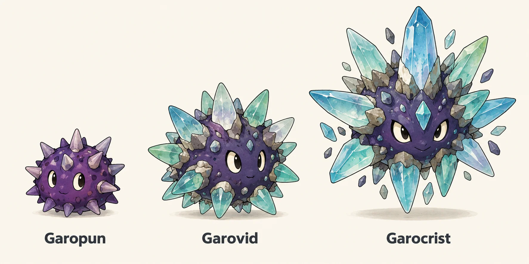 Garopun, Garovid, Garocrist — línia evolutiva, d'esquerra a dreta