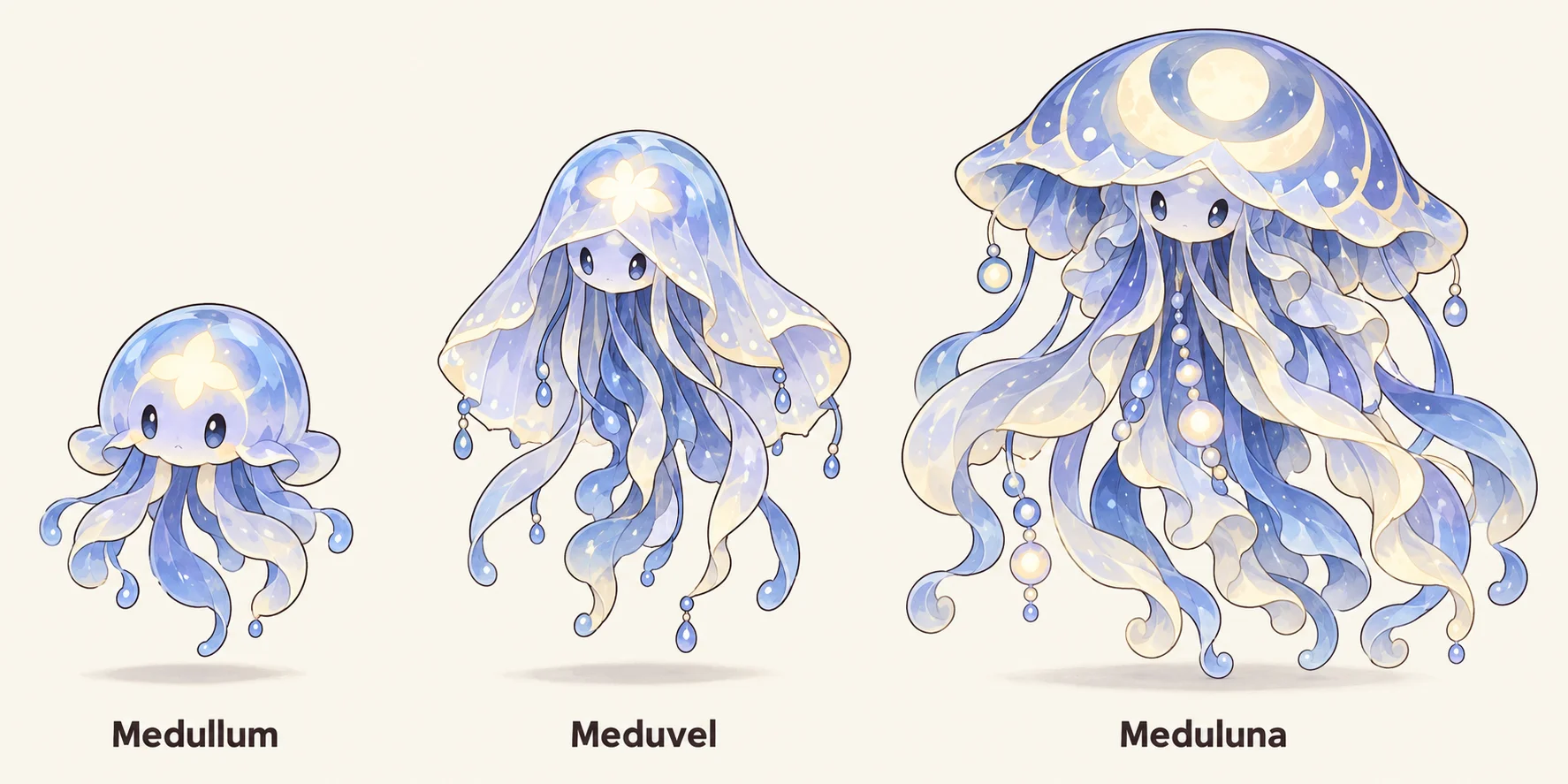Medellum, Meduvel, Medelluna — línia evolutiva, d'esquerra a dreta
