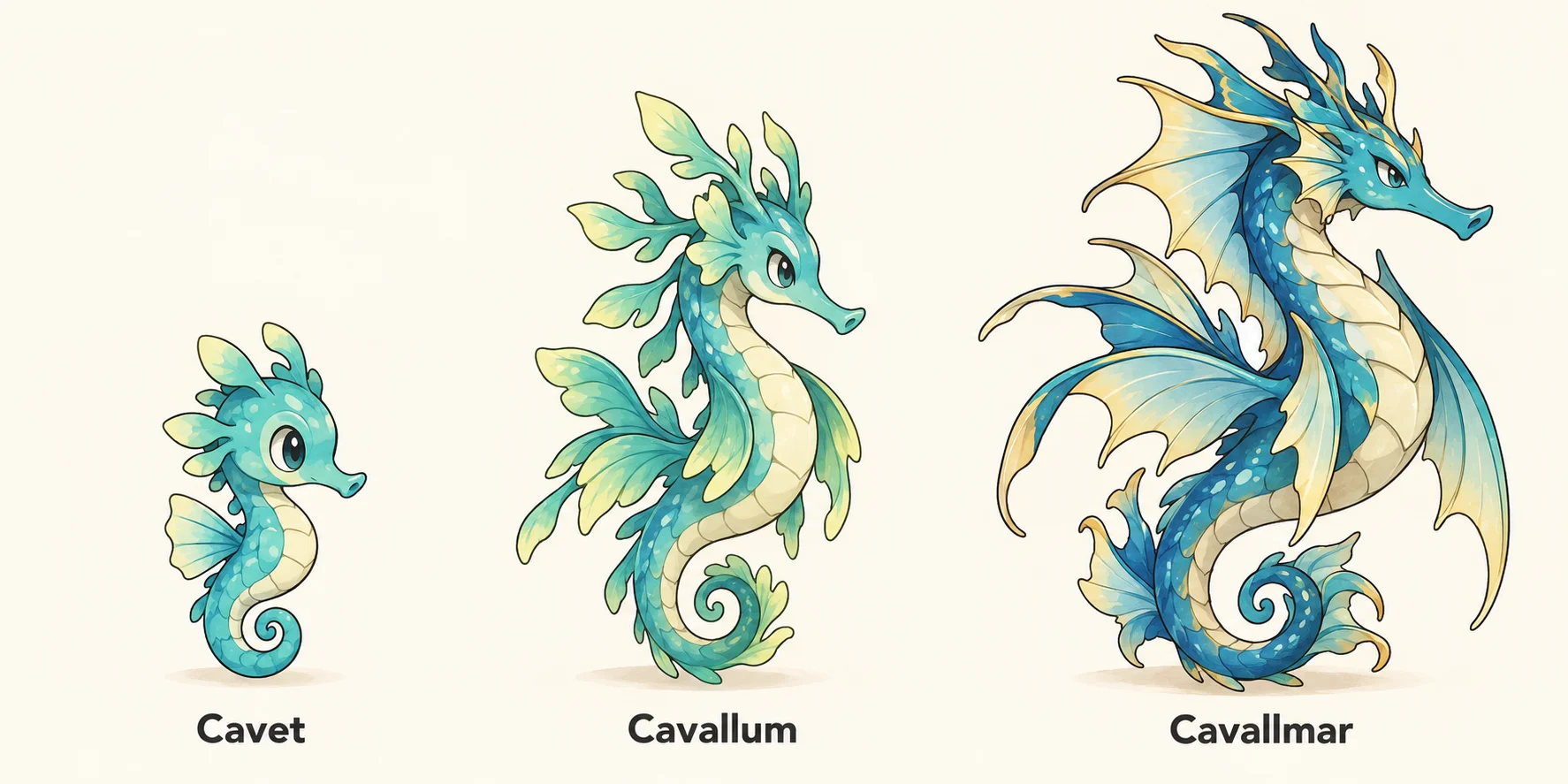 Cavet, Cavallum, Cavallmar — línia evolutiva, d'esquerra a dreta