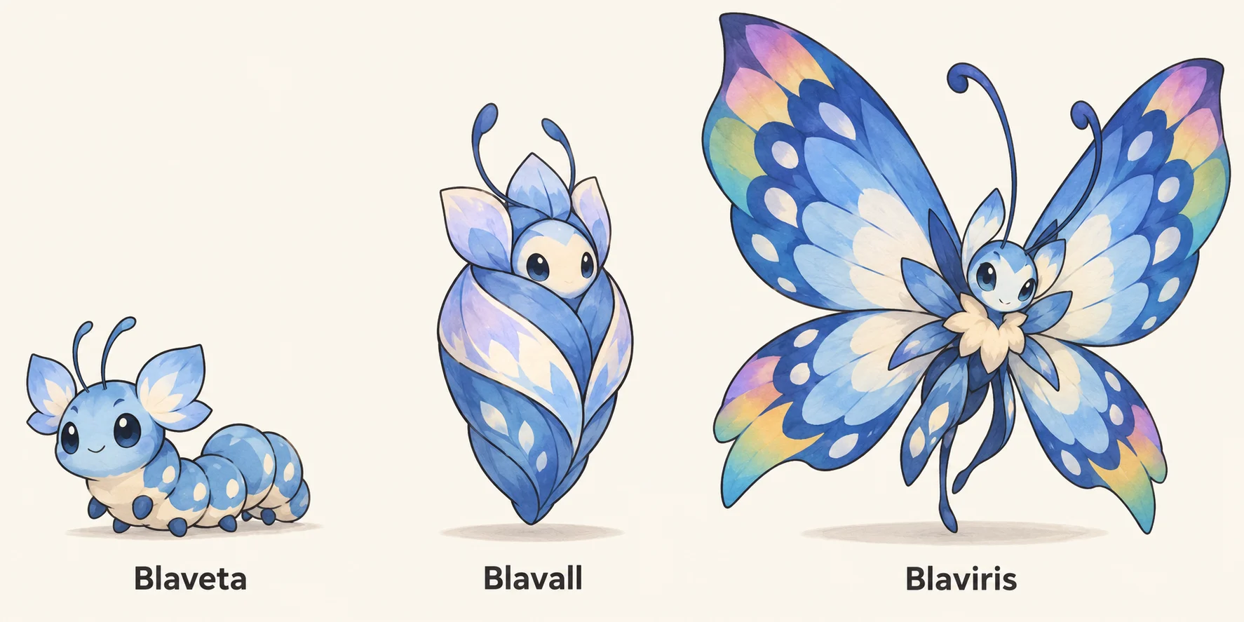 Blaveta, Blavall, Blaviris — línia evolutiva, d'esquerra a dreta