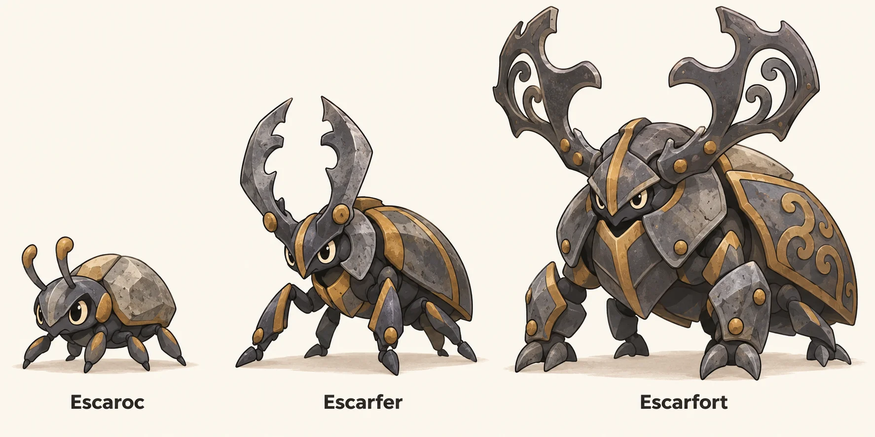 Escaroc, Escarfer, Escarfort — línia evolutiva, d'esquerra a dreta