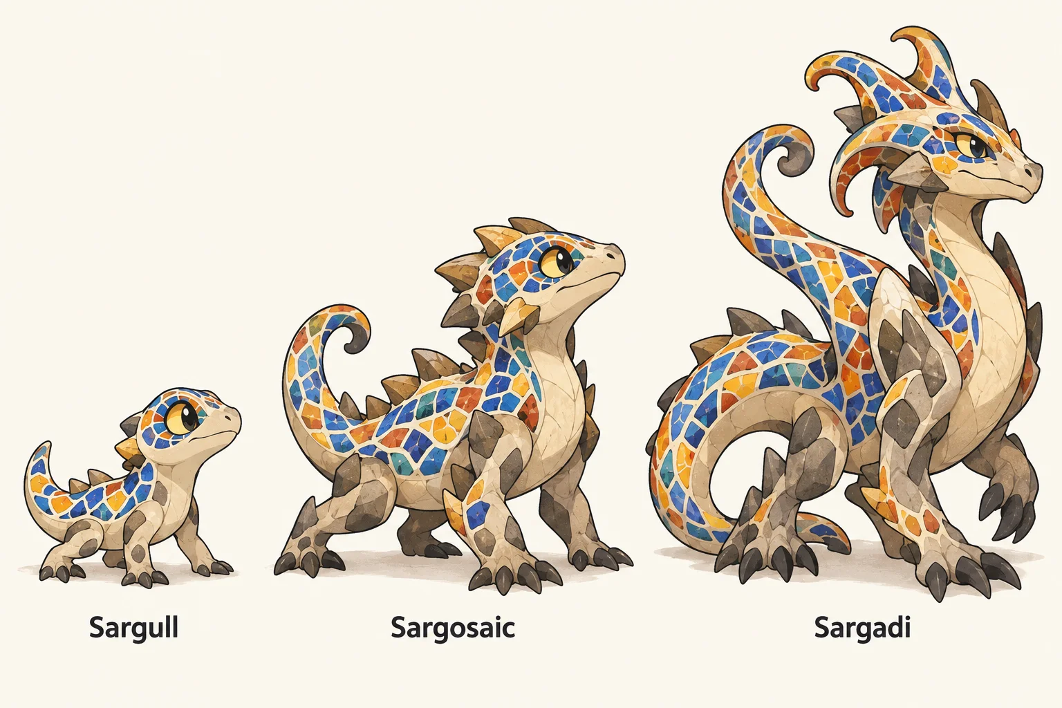 Sargull, Sargosaic, Sargadi — línia evolutiva, d'esquerra a dreta