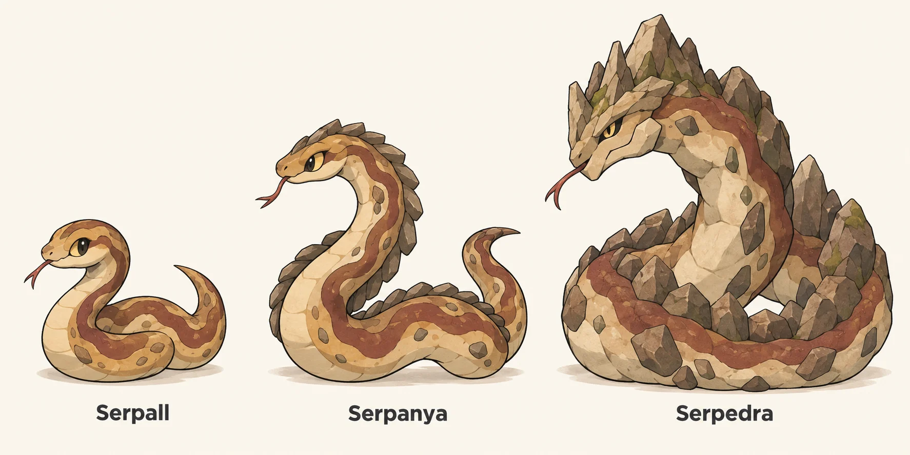 Serpall, Serpanya, Serpedra — línia evolutiva, d'esquerra a dreta