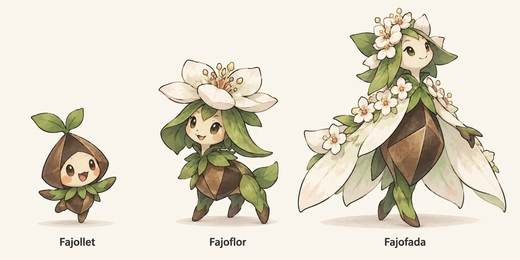 Fajollet, Fajoflor, Fajofada — línia evolutiva, d'esquerra a dreta