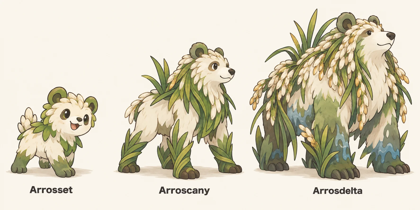 Arrosset, Arroscany, Arrosdelta — línia evolutiva, d'esquerra a dreta