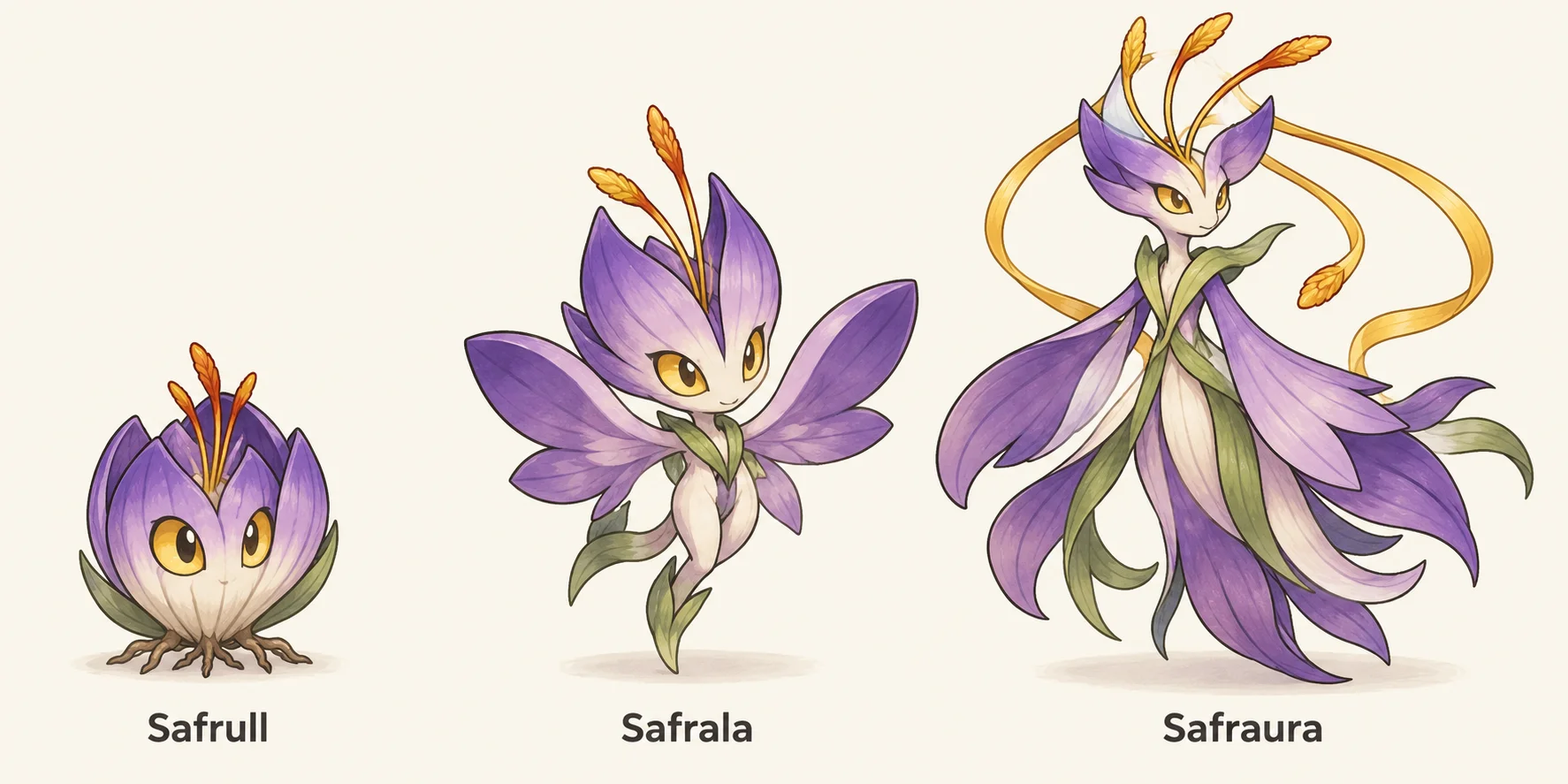 Safrull, Safrala, Safraura — línia evolutiva, d'esquerra a dreta