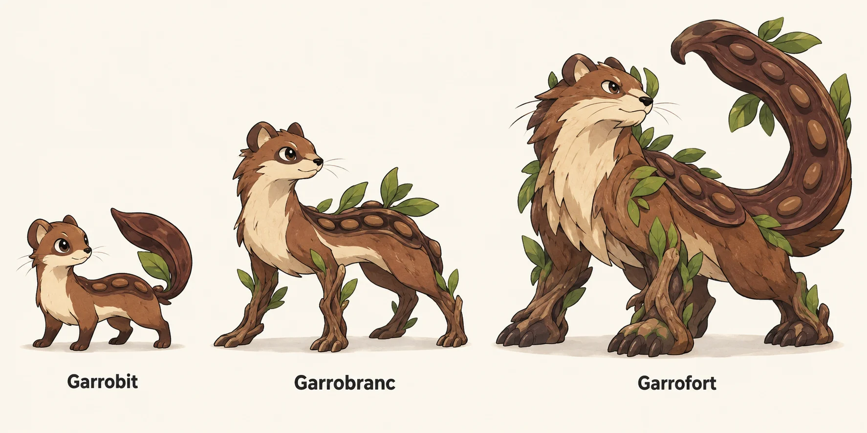 Garrobit, Garrobranc, Garrofort — línia evolutiva, d'esquerra a dreta